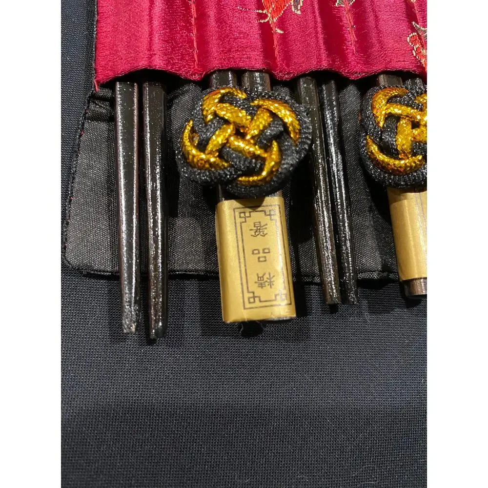 Set of 6 Vintage Japanese Black Lacquer Chopsticks with Fabric Rolling Case NOS